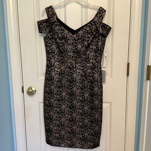 Maggy London size 8 petite black & gold metallic brocade dress, new with tags.